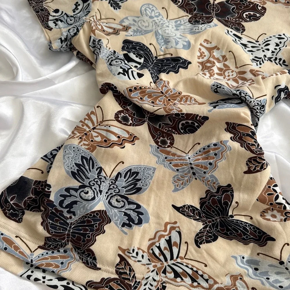 Fiorlini International Butterfly Print Top Beige Brown Short Sleeve Small